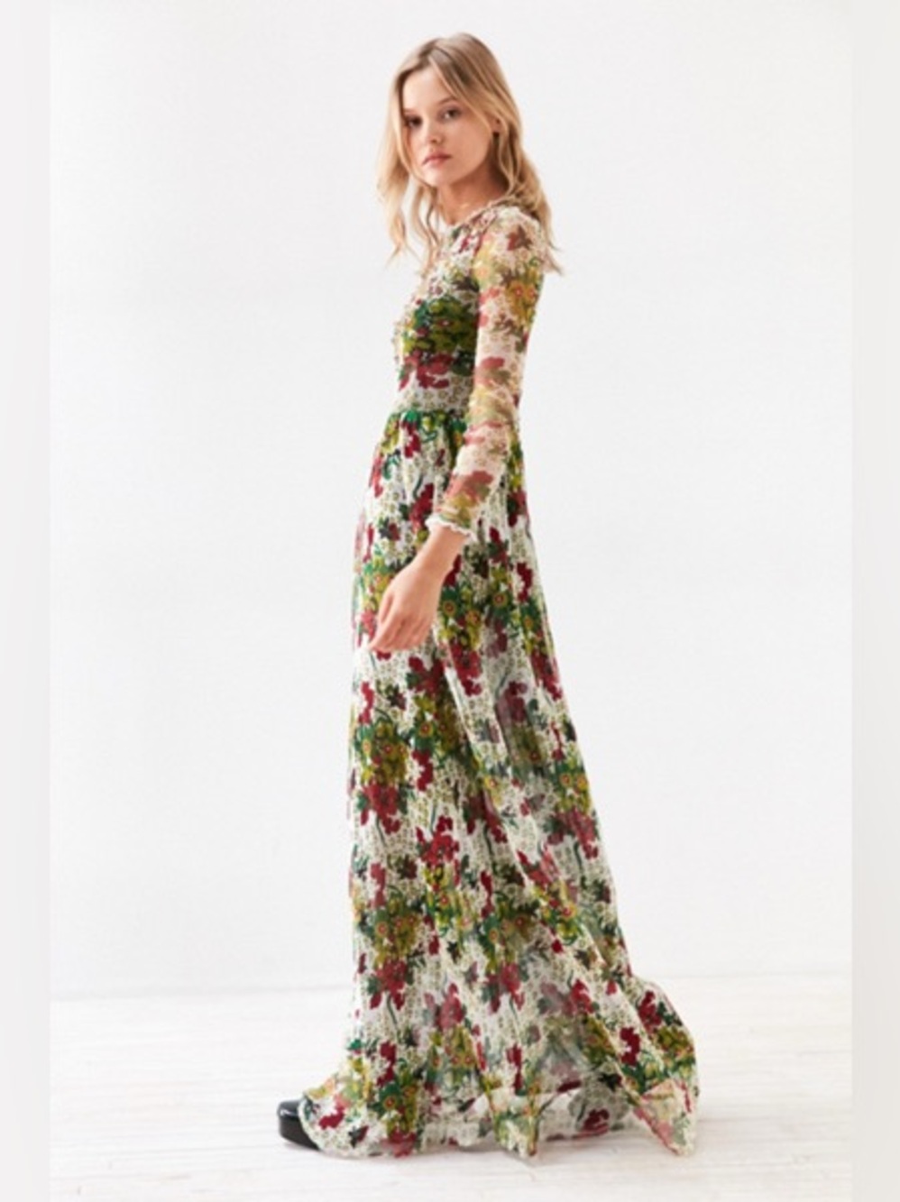 Ecote Floral Fishnet Long-Sleeve Maxi Dress
